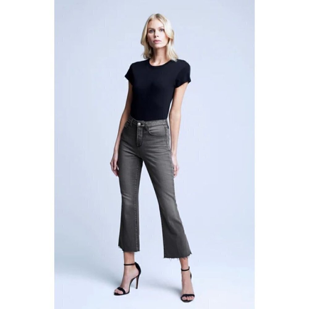 NWD L’AGENCE Size 25 Kendra Cropped Distressed High-rise Flared Jeans Grey